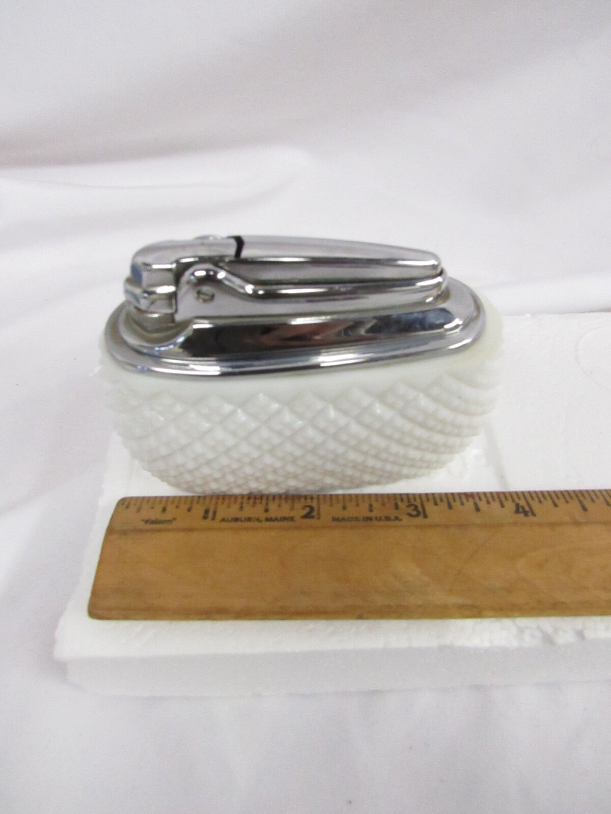Vintage RONSON Table Lighter Diamond Milk Glass Original Box Papers Rhinestone