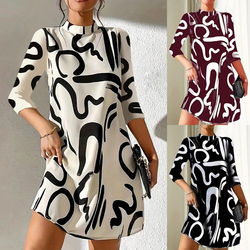 Women's Print Long Sleeve MIdi Dress Ladies A-Line Holiday Party Casual Dress