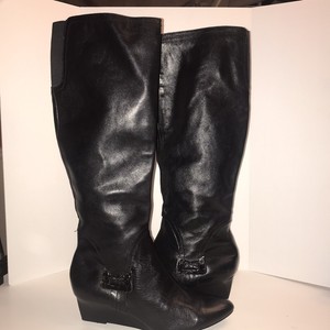 Calvin klein women Black Leather wedge boots Silver Emblem Size 8.5 | eBay