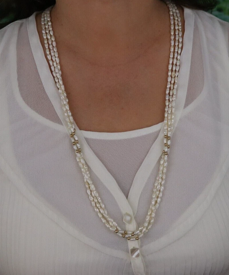 14k Yellow Gold Rice Pearl Gold Bead Three Strand Long 30" Necklace - Image 4 of 4
