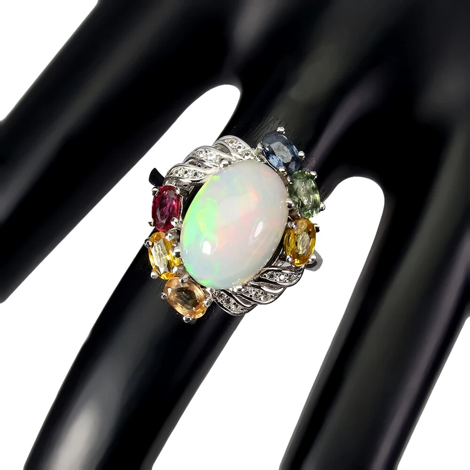 925 Anello Argento Sterling Ovale Fuoco Opale 14x10mm Zaffiro Gemma Gioielli - Immagine 3 di 4