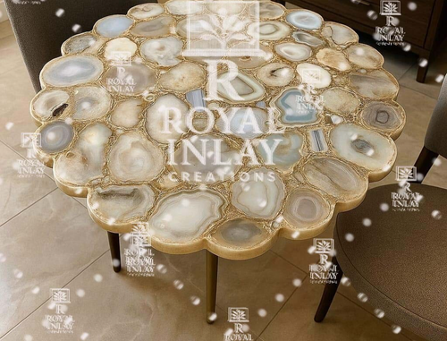 15” White Agate Round Scalloped Table Handmade Luxury Gemstone Accent Table - Picture 7 of 16