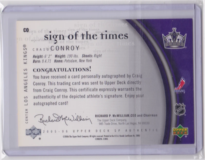 2005-06 UD SP AUTHENTIC SIGN OF THE TIMES INSERT CRAIG CONROY #CO L.A. KINGS - Image 2 of 2
