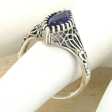 ANTIQUE STYLE 925 STERLING SILVER LAB-CREATED AMETHYST FILIGREE RING     732