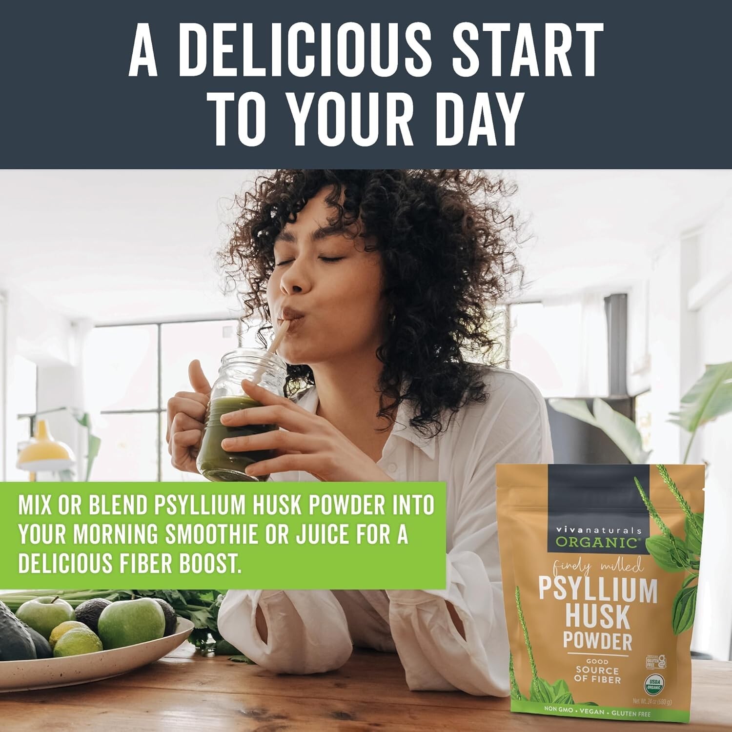 Viva Naturals Organic Psyllium Husk Powder 1.5 Lbs Easy Mixing Fiber Supplement