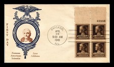 Dr Jim Stamps 1940 Jane Addams Plate Block Scott 878 G.V. Sadworth Cachet Fdc