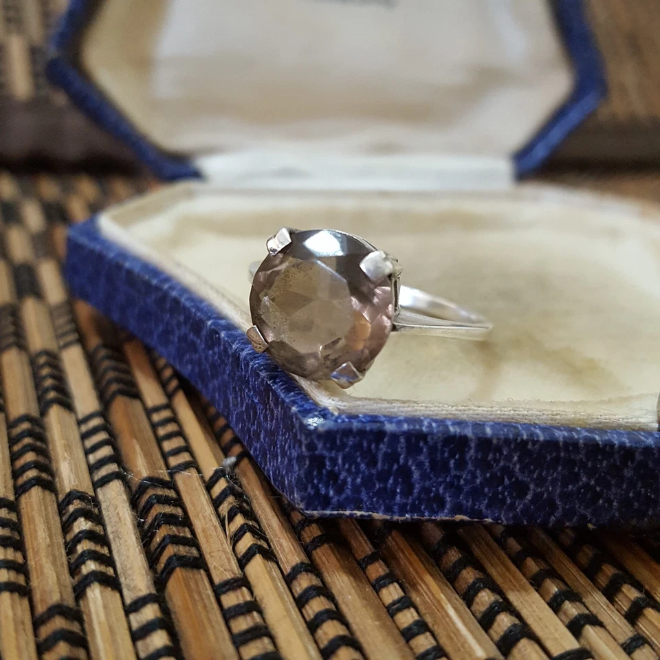 Anillo de plata de ley 925 vintage, anillo de cuarzo ahumado, tamaño L.5 EE. UU. 6, Edimburgo 1973 Foto 4 de 4