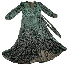 Calvin Klein Velvet Burnout Wrap Dress Iridescent Emerald Green Leopard Sz 10