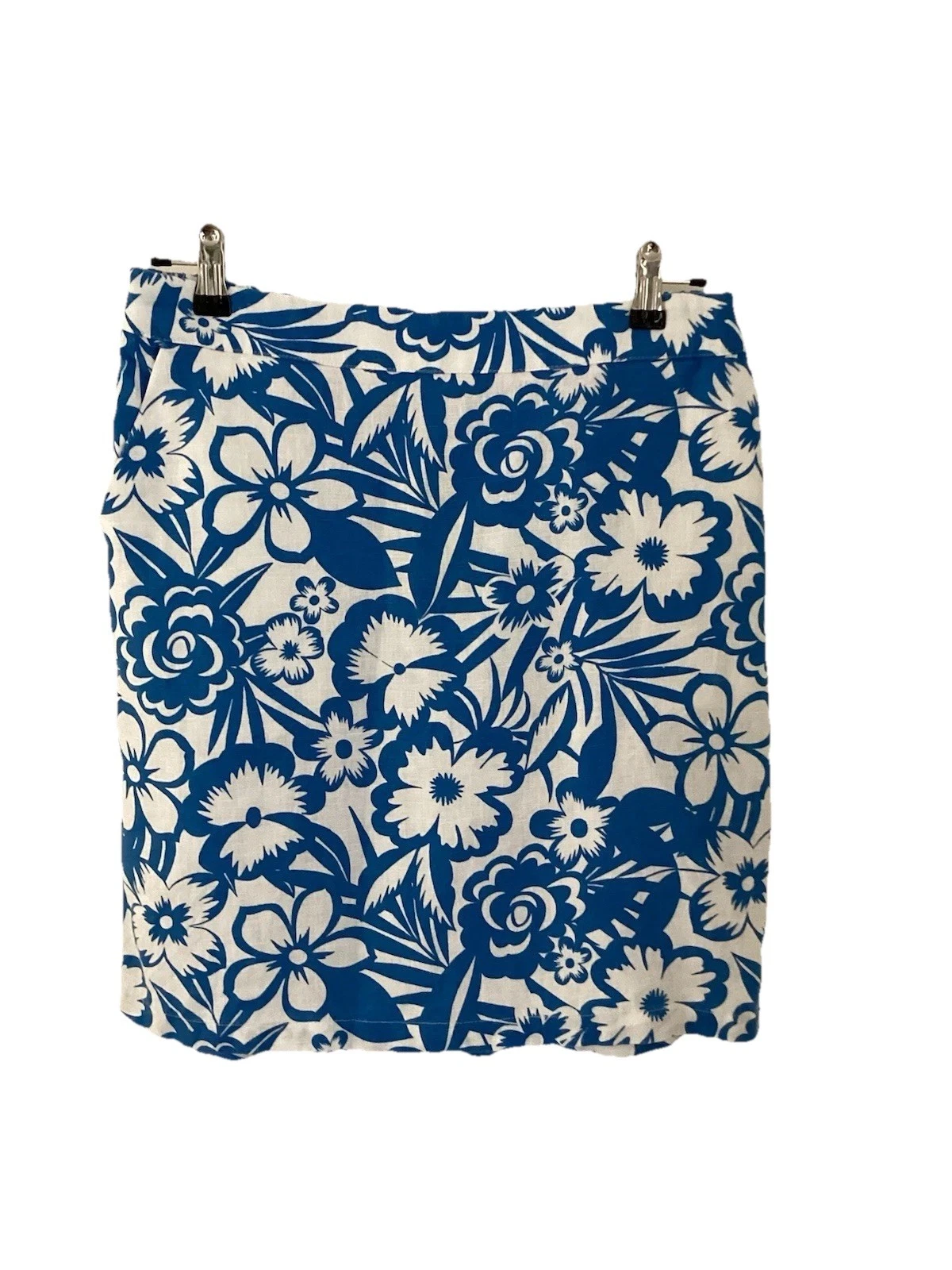 Boden Skirt, UK 12R, Blue & White Floral 100% Linen Skirt, UK Size 12R, Excell