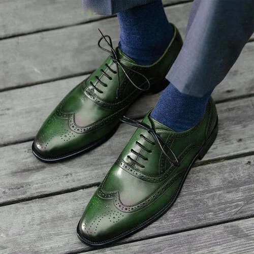 Handcrafted Men's Green Leather Oxford Wingtip Brogue Lace Up Trendy Dress Shoes
