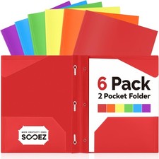 Plastic Folders with Pockets and Prongs, 6 Pack Pocket Folders with Prongs,