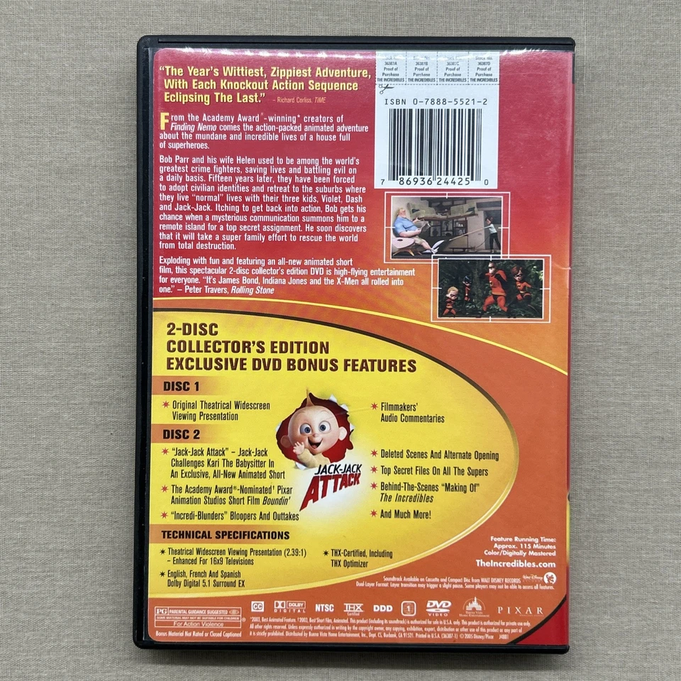 Disney Pixar Incredibles 1 (DVD 2004 2-Disc Set) Animated Superhero Comedy Movie - Image 2 of 4