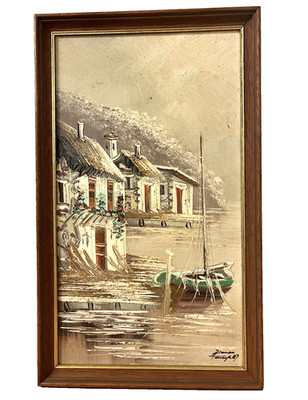 Signed Alonso  87 Oil Painting Seaside Village Boat Scene Framed 22×36cm