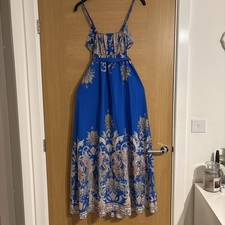 Greek Long Wrap Summer Dress With Belt Size UK10-12 Blue Pattern