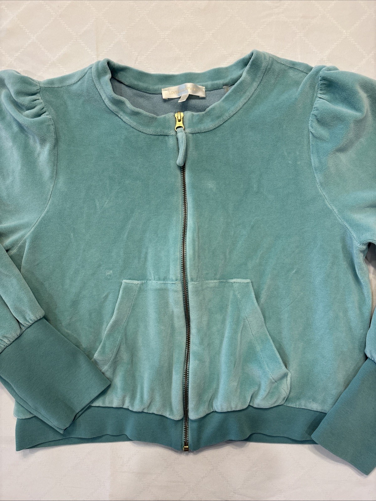 LoveShackFancy Velour Full Zip Jacket Aegean Gree… - image 3