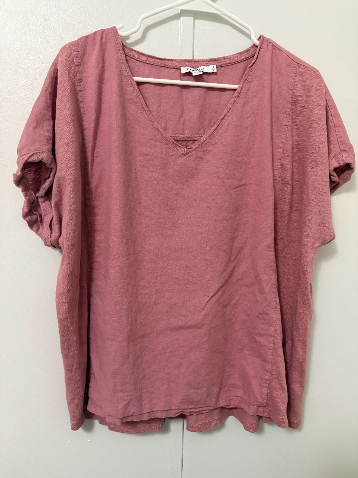 Chico's Womens 3 (XL) Linen Blend Blouse Short Sleeve Solid Pink Top V Neck