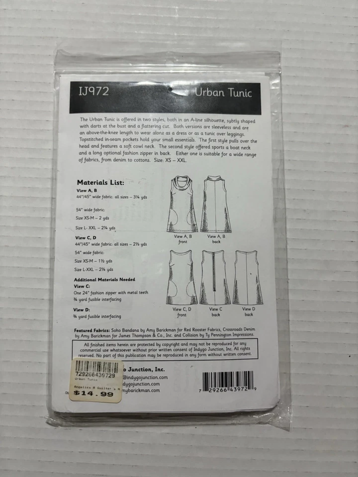 Indigo Junction Sewing Pattern IJ972 Urban Tunic Sleeveless Top Uncut XS-XXL - Image 2 of 2