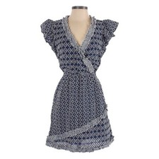 Express Eyelet Embroidered Faux Wrap Ruffle Mini Dress Navy White S