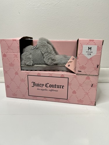 Women's JUICY COUTURE Gray Fluffy Faux Fur Slide Sandal Slipper w/ Gems Size 7-8 - Picture 7 of 8