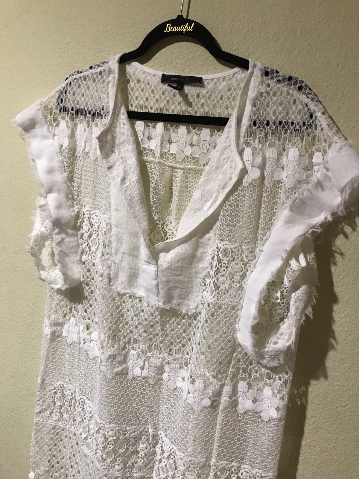OFF WHITE BCBGMAXAZRIA ABITO BIANCO SPORCO PIZZO COPRICOSTUME TRASPARENTE TAGLIA LARGE V1