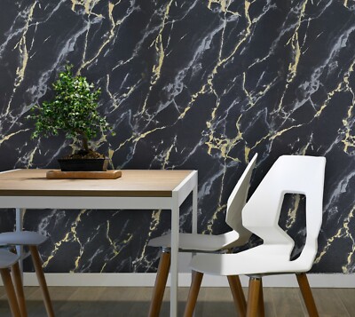 Faux marble stone effect black gold silver yellow gray metallic modern wallpaper