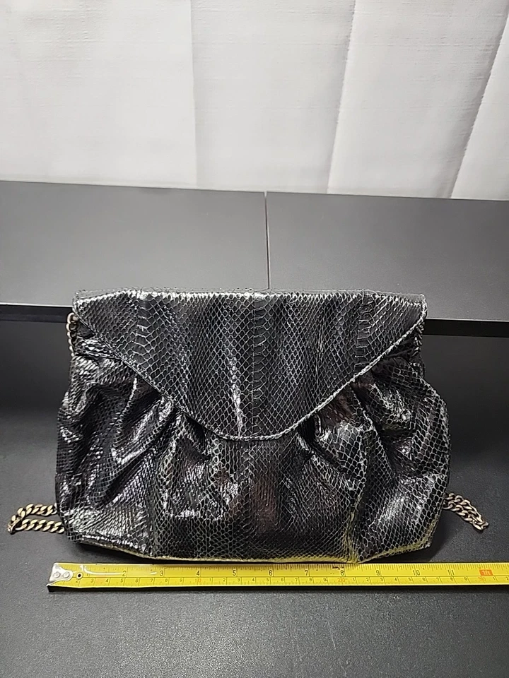 Vintage Beirn Snakeskin Clutch Purse Black Metal Chain Shoulder Strap Crossbody  - Image 3 of 4