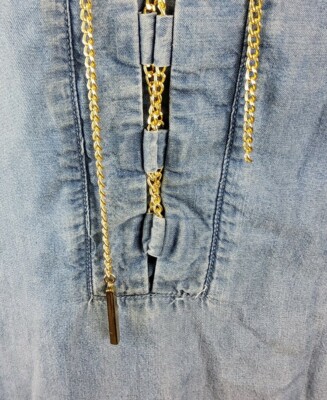 Michael Kors Women's Lightweight Denim Gold Chain Lace Up Tunic Dress Size S