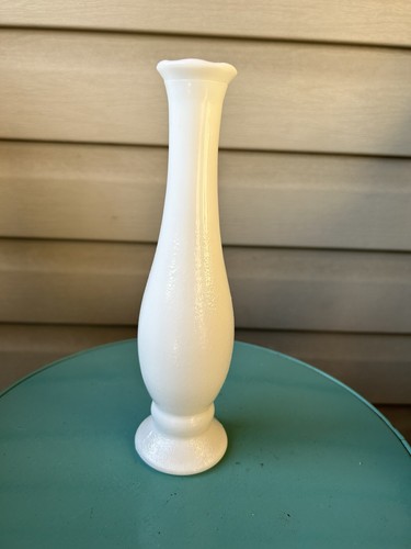 Vintage White Milk Glass Crimped Rim Textured Art Glass Bud Vase 9"