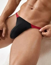 New Men's Sexy Black and Red Low Rise Thong w/Enhancing Contoured Pouch -Gay