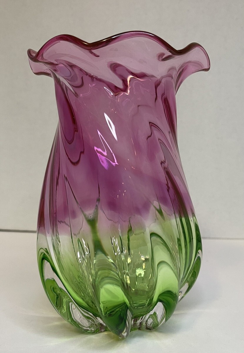 Teleflora Hand Blown Pink & Green Glass Watermelon Vase Ruffle