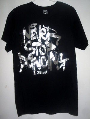 BLACK ZUMBA SHIRT METALLIC WRITING SAYS NEVER STOP DANCING (SMALL)