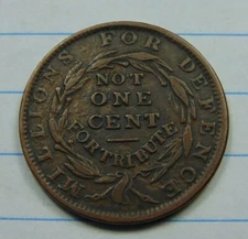 1837 HARD TIMES TOKEN ~ MILLIONS FOR DEFENCE ~ NOT ONE CENT ~ COPPER ~  HT67