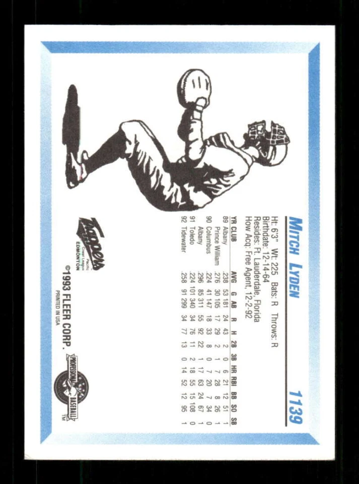 1993 Fleer ProCards Edmonton Trappers 1139 Mitch Lyden BXCP24 - Image 2 of 2