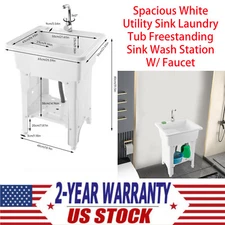 Spacious White Utility Sink Laundry Tub Freestanding Sink Wash Station W/ Faucet