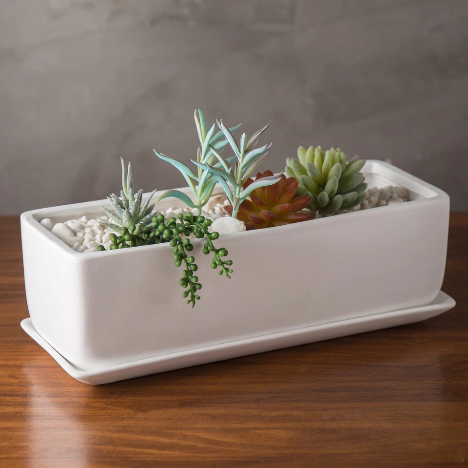 14-Inch Rectangular Ceramic Succulent Planter Pot, Window Box, Matte White - Image 2 of 4