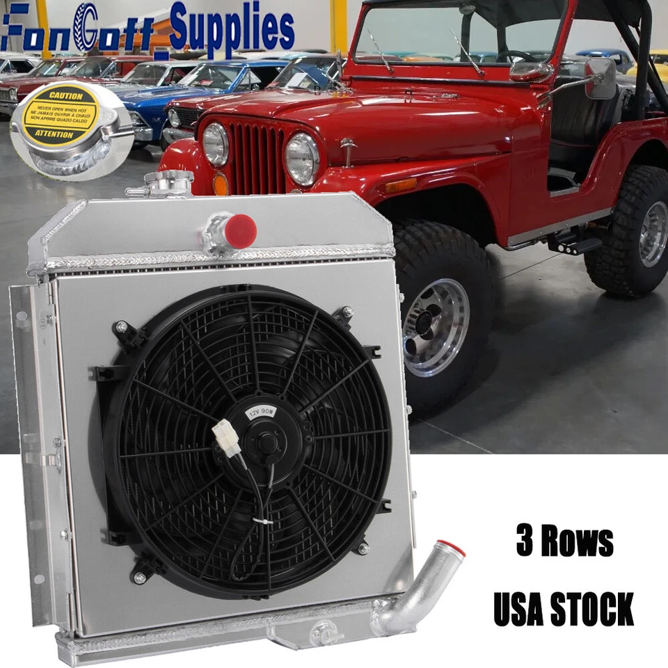 3 Rows Radiator+Shroud Fan For 1965-1971 1967 1968 Jeep CJ5 Buick 3.7L V6 Engine Foto 3 de 4