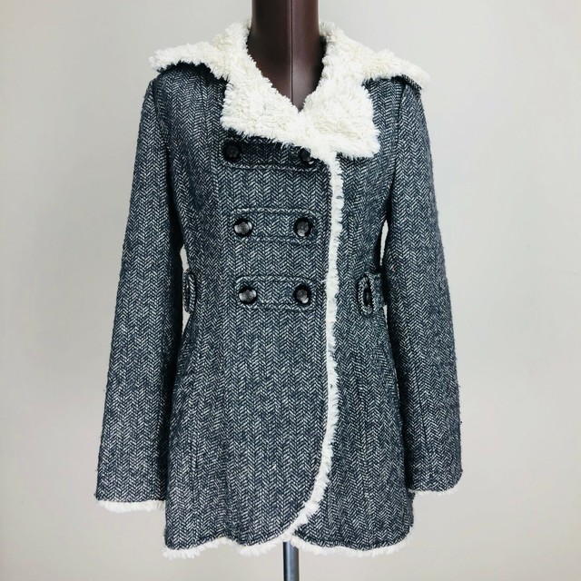 Guess Womens Winter Coat Small Gray White Herringbone Fur Trim Dress