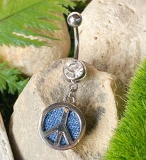 Peace Sign Blue Denim Dangle Belly Ring Navel Naval Piercing Body Jewelry