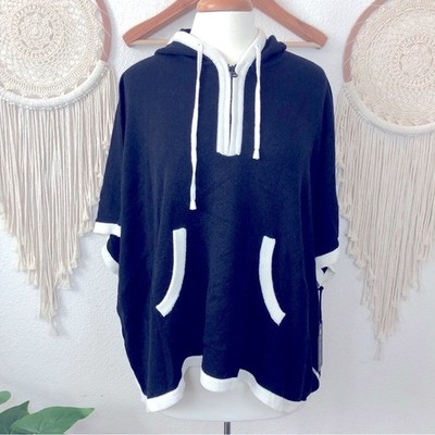 Blanc noir black & white merino wool blend hooded poncho oversized XS