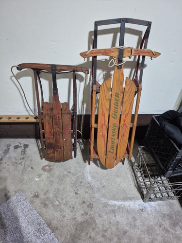 Vintage 1930s-1950s Childrens Wooden Steer Sleds Lightning Guider USA Lot2
