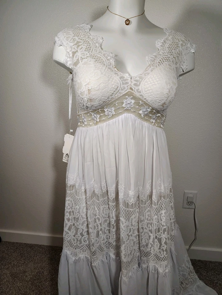 Hebeos NWT A Line Lace Ruched Short Sleeve Floor V Boho Wedding Dress Size 14 - Image 4 of 4