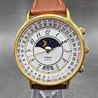Timex Sun&Moon Watch Men 37mm White Dial Gold Tone Daydate Round New Battery NJ