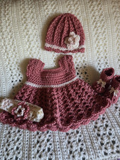 Crocheted Baby Dress Set Headband, Hat, Booties Girl 0-3 months - Mauve