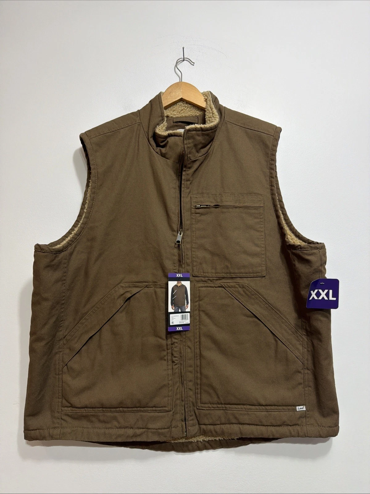 New LEE Men's Khaki Vest Size XXL Outdoor Sherpa Durable Duck Canvas Work Wear