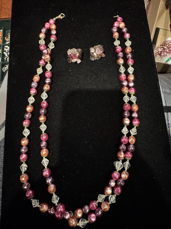 Vintage Double Strand Pink Purple & Clear Beaded Necklace with Pierced Earrings