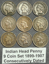 Complete Indian Head Pennies Penny Set of 9 Coins CONSECUTIVELY DATED 1899-1907