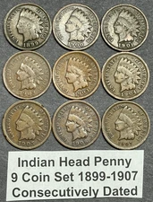Complete Indian Head Pennies Penny Set of 9 Coins CONSECUTIVELY DATED 1899-1907