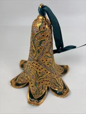 Enamel Cloisonne Bell Christmas Ornament Floral Design Lavander/Green