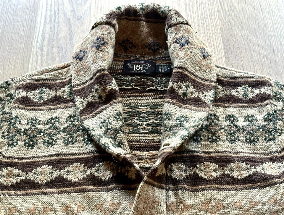 RRL Ralph Lauren Hand-Knit Fair Isle Shawl Collar Sweater, Linen Silk, Medium - Image 3 of 4