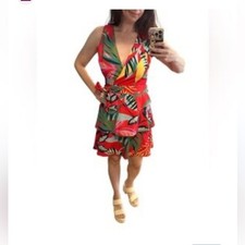 Alex Marie red tropical leaf print V-neck tiered mini dress NEW Size 14